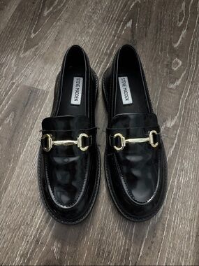 Steve Madden Black Patent Loafers with Gold Horsebit